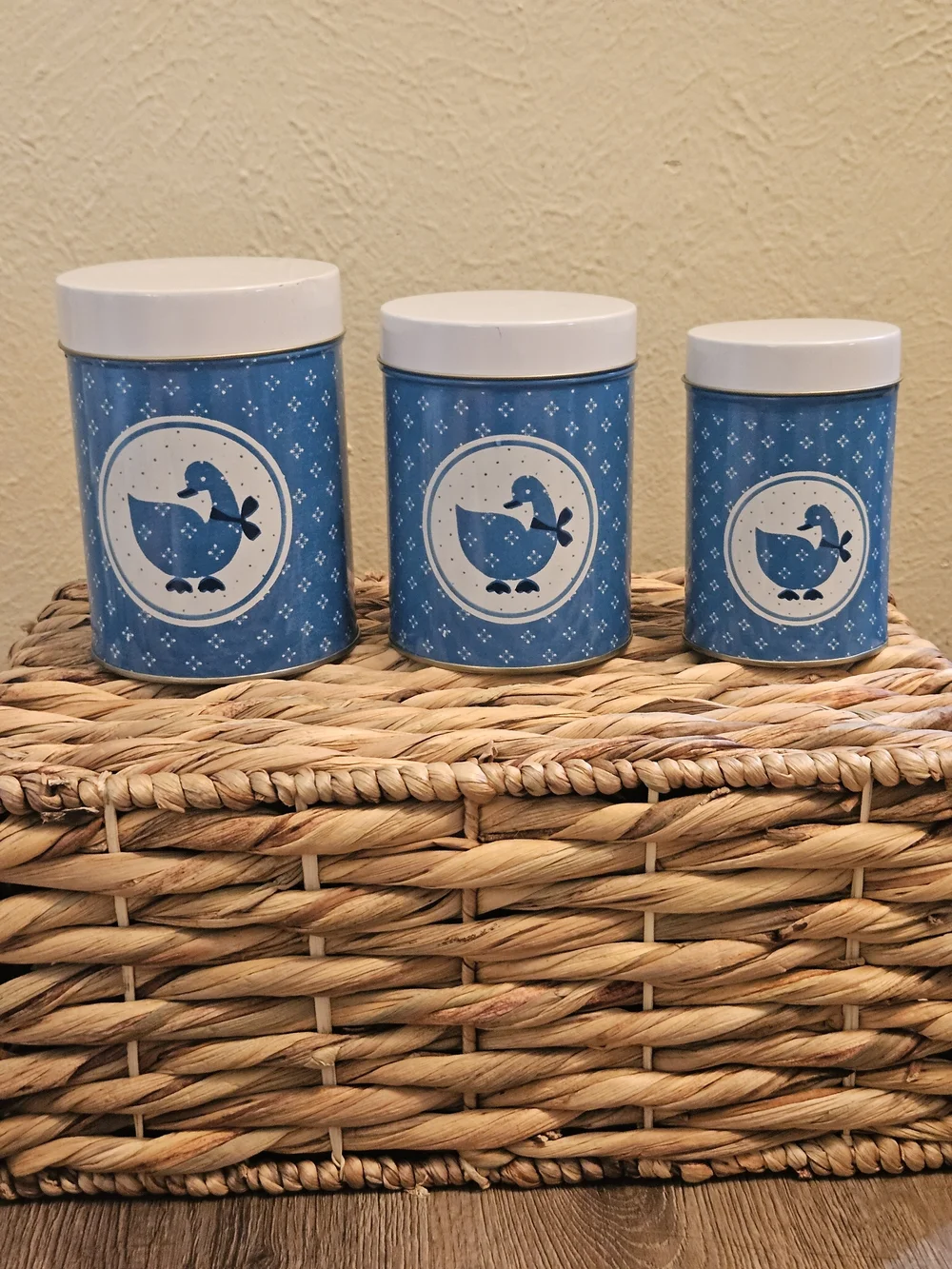 Vintage 1980s Blue Country Goose Nesting Tin Canister Set - 3 Piece